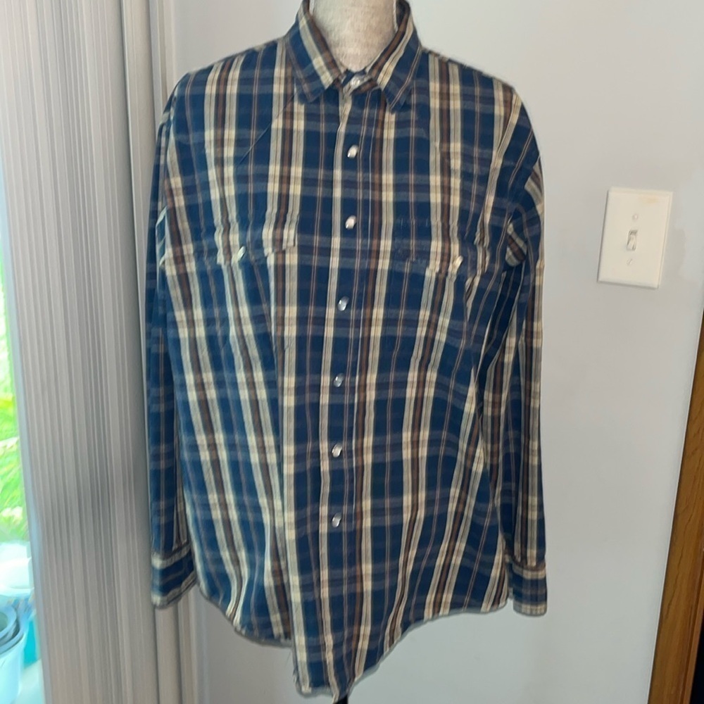VTG Plains Western Wear Shirt Mens Large Plaid Pearl Snap Long Sleeve Navy Blue
